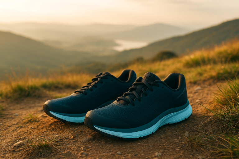 Paire de chaussures de course à pied pour débutants posées sur un sentier de montagne