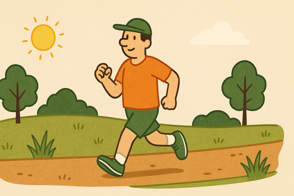 Homme débutant la course à pied courant sur un sentier l'été. Il est vêtu d'un short, d'un t-shirt et d'une casquette.