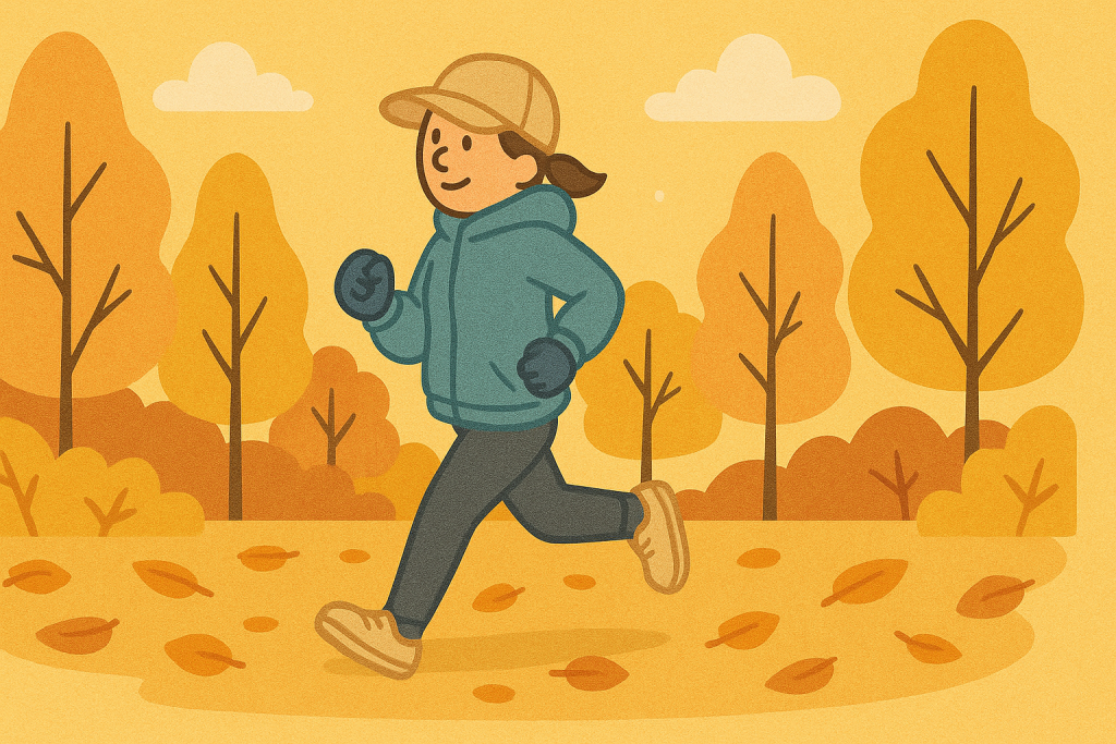 Femme débutant la course à pied courant dans la forêt l'automne. Elle est vêtue d'un legging, d'une veste à capuche, de gants et d'une casquette.