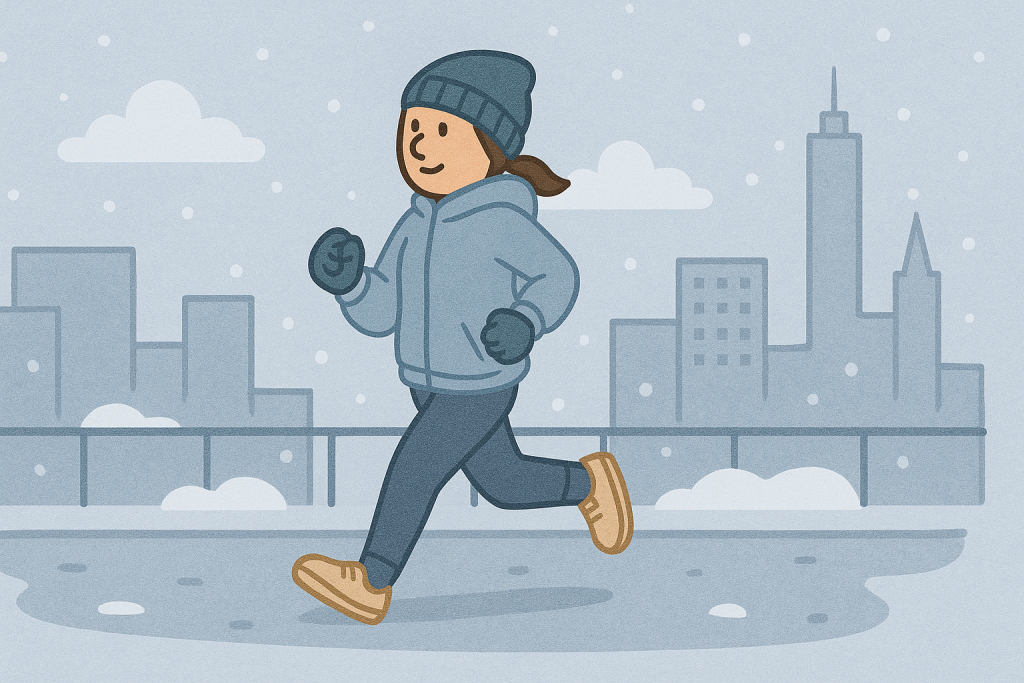 Femme débutant la course à pied courant en ville l'hiver. Elle est vêtue d'un legging chaud, d'une veste, de gants et d'un bonnet.