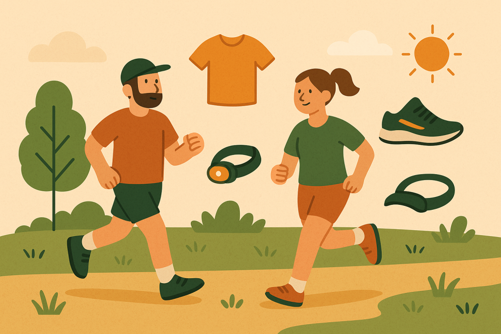 Homme et femme débutant la course à pied par beau temps, avec du matériel autour d'eux (t-shirt, chaussures, lampe frontale)