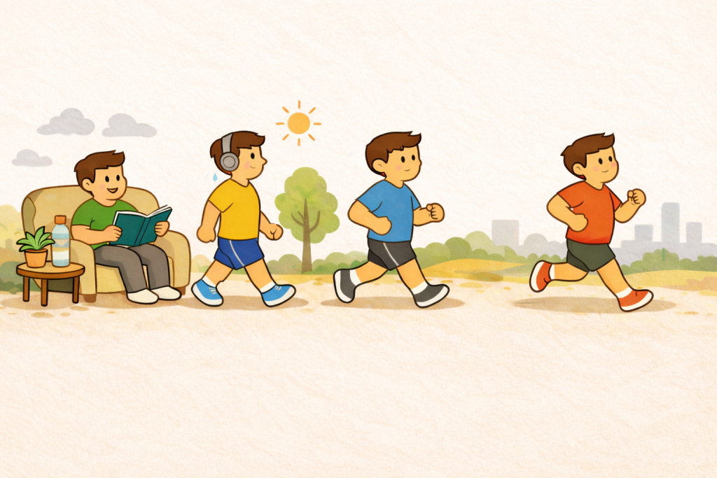 Illustration montrant la progression d’un débutant en course à pied, passant progressivement de l’inactivité à la course, pour encourager à se mettre en mouvement.