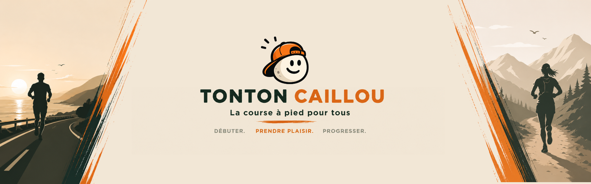 Bannière du blog Tonton Caillou présentant la course à pied sur route et en trail pour débutants, avec un coureur, une coureuse et le logo du site.