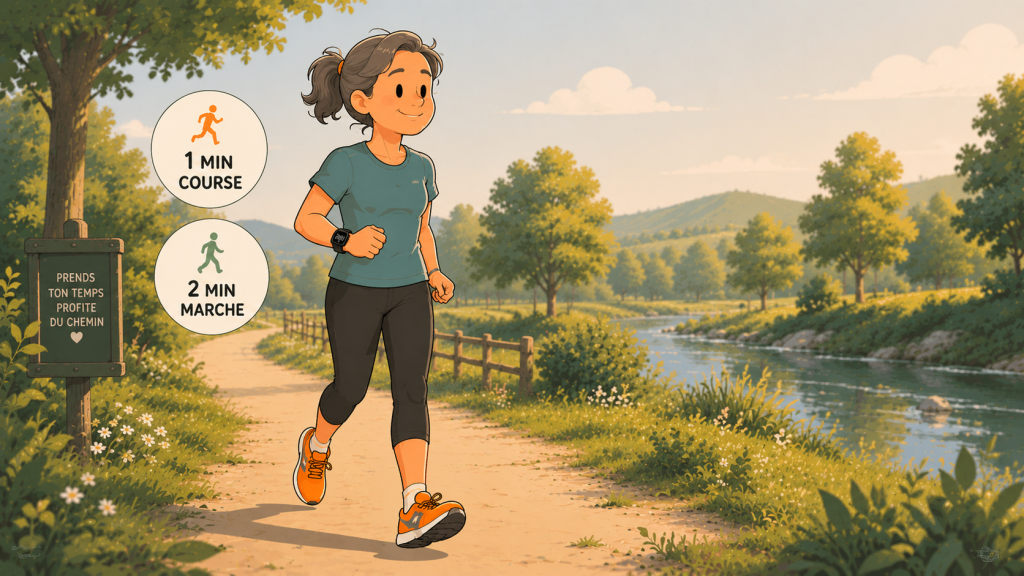Dame d'un certain âge qui alterne marche et course pour apprendre à aimer courir progressivement