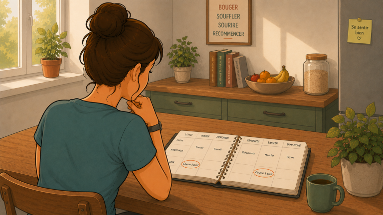 Femme débutante en course à pied organisant deux séances de running dans son agenda hebdomadaire pour progresser sans se blesser.