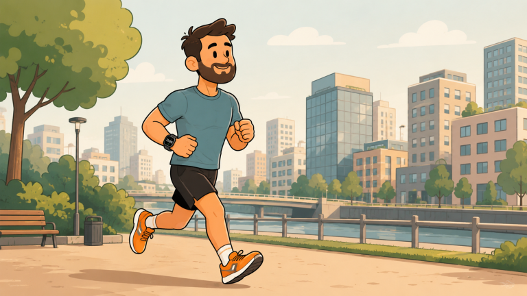 Illustration cartoon d'un homme courant dans un parc urbain avant ou après le travail, représentant la course à pied malgré un emploi du temps chargé.