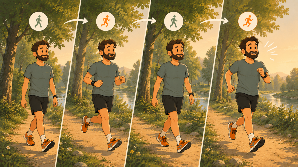 Débutant alternant marche et course lente sur un chemin calme pour surmonter la honte de courir