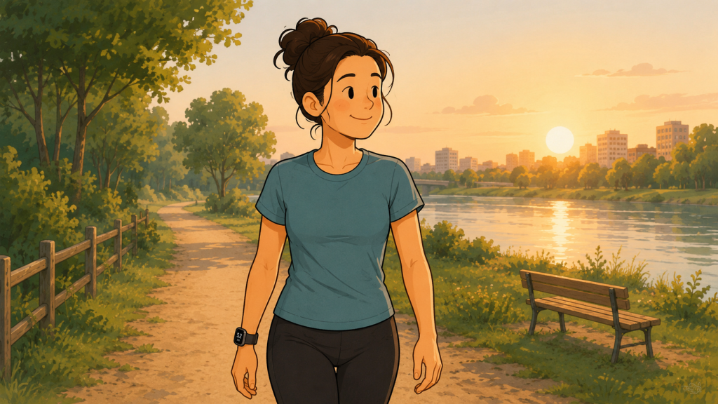 Femme débutante satisfaite après une sortie de course à pied régulière dans un environnement naturel en fin de journée.