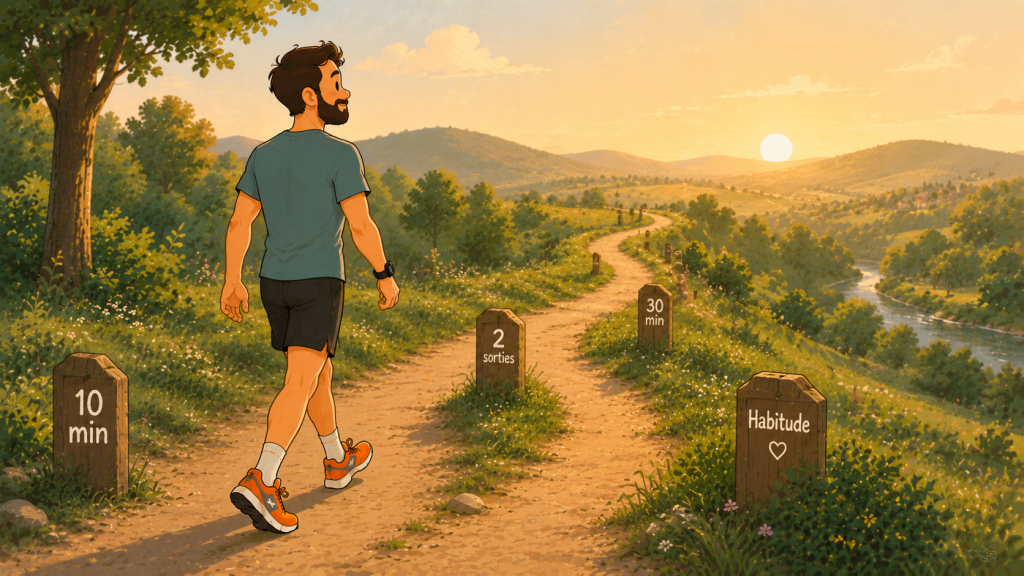 Coureur débutant progressant sur un chemin symbolisant la construction de la motivation en course à pied sur le long terme.