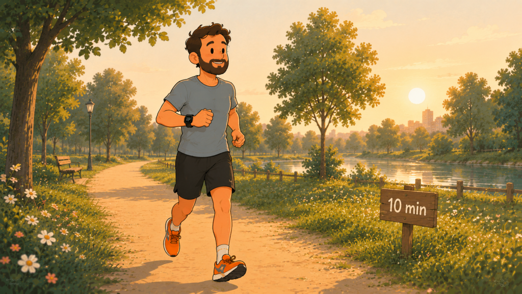 Coureur débutant réalisant une courte sortie de course à pied dans un parc pour maintenir sa motivation.