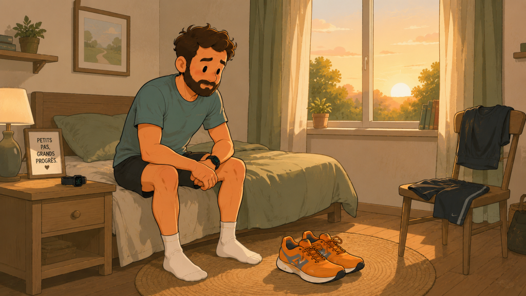 Débutant en course à pied assis sur son lit en regardant ses chaussures de running avant de partir courir.